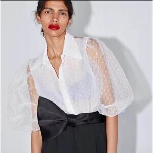 ZARA Organza Buttondown Blouse Sheer Puff Sleeve Pom Pom Textured Size XS